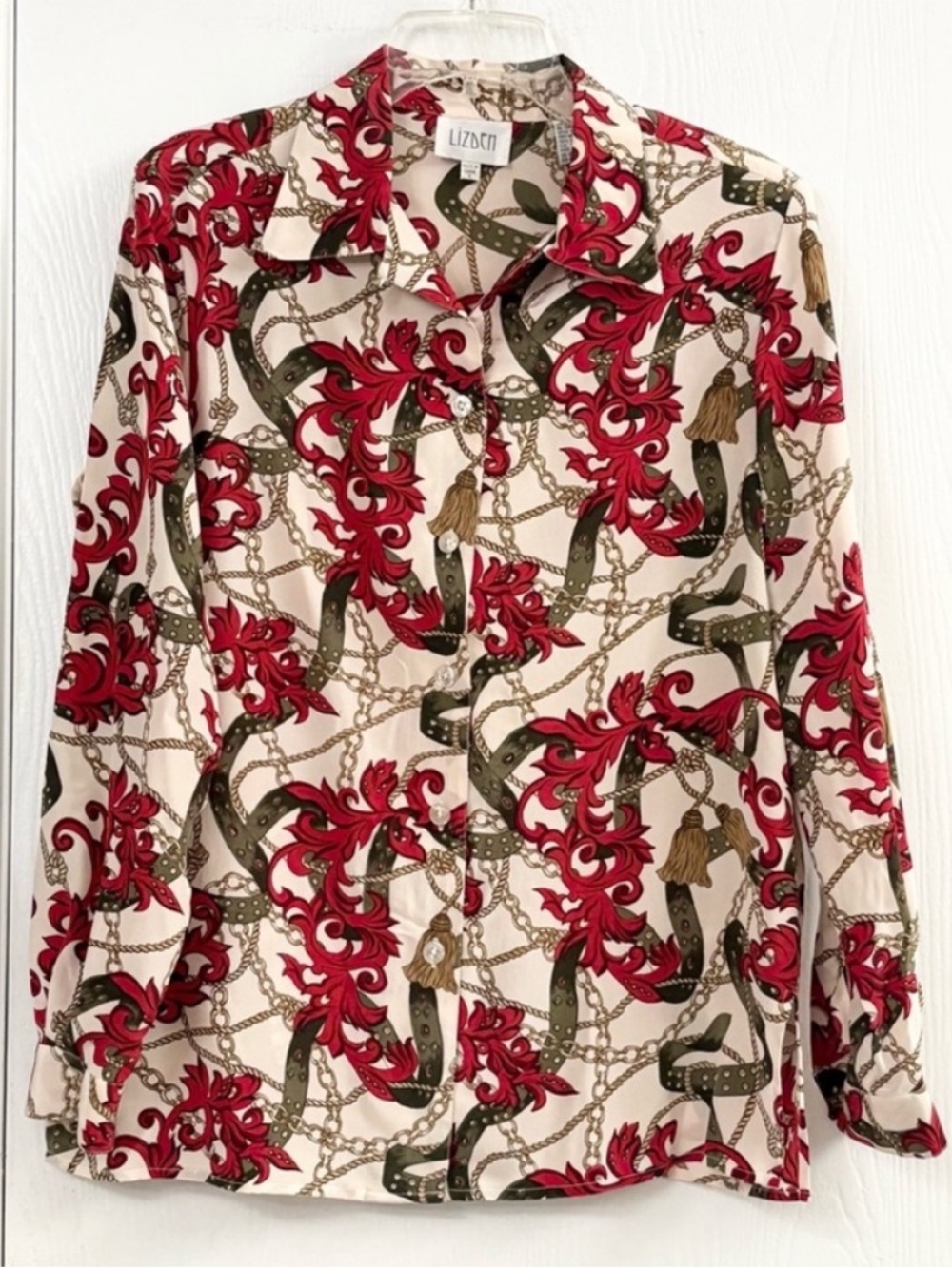 Lizden Baroque Silk Cream Blouse with Red & Olive Chain Print Sz Small